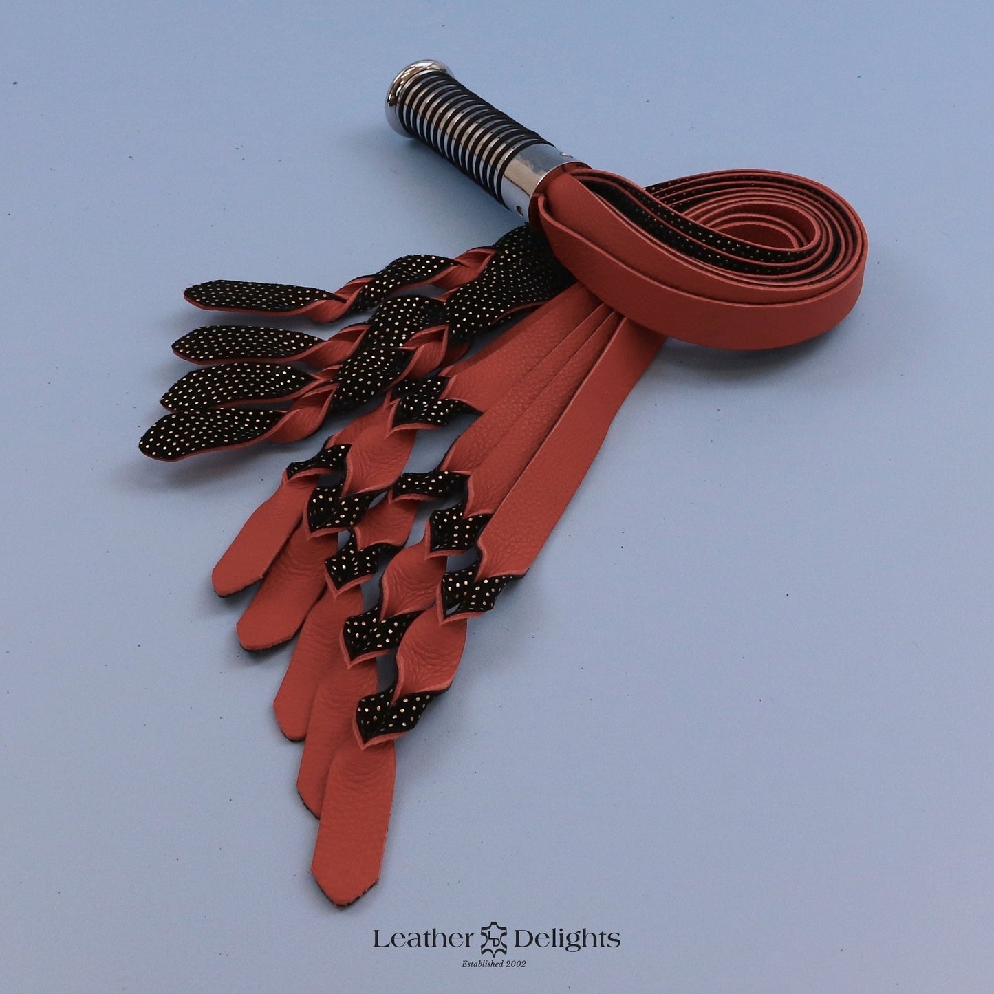 Orange Leather with Black & Gold Suede Twisted Kitten Flogger