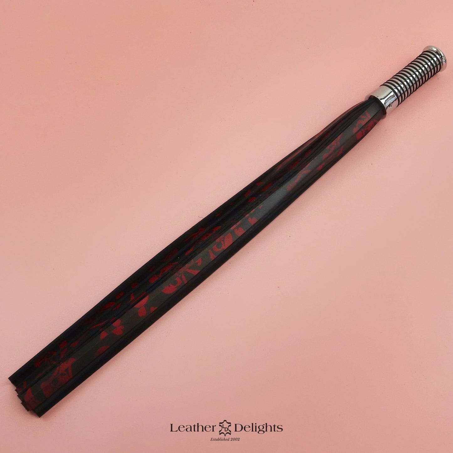 Black & Red Skull & Crossbones Leather Flogger with Silver Handle