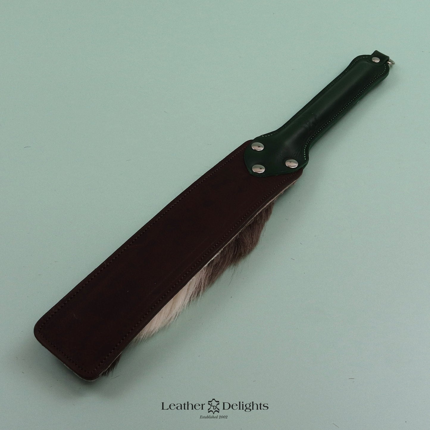Punishment Paddle - Brown Leather & Hair on Hide Reindeer with a Green Handle