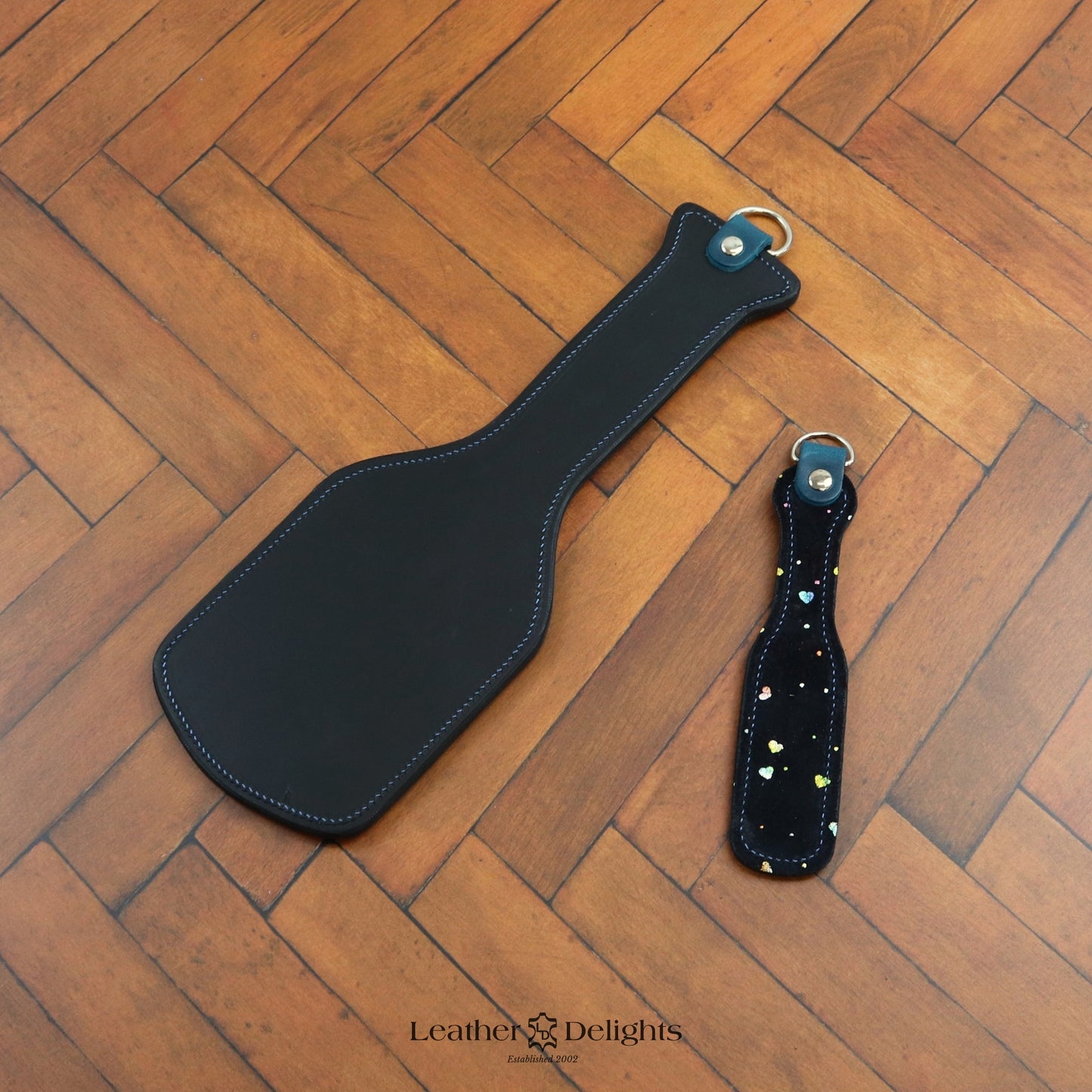 Intimidator Paddle - Black Leather with Sparkly Heart & Blue Accents