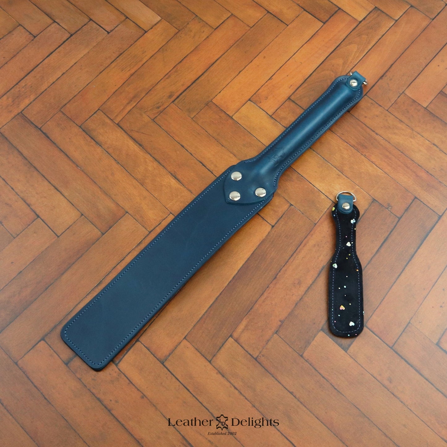 Punishment Paddle - Sparkly Hearts & Blue Leather with a Blue Handle