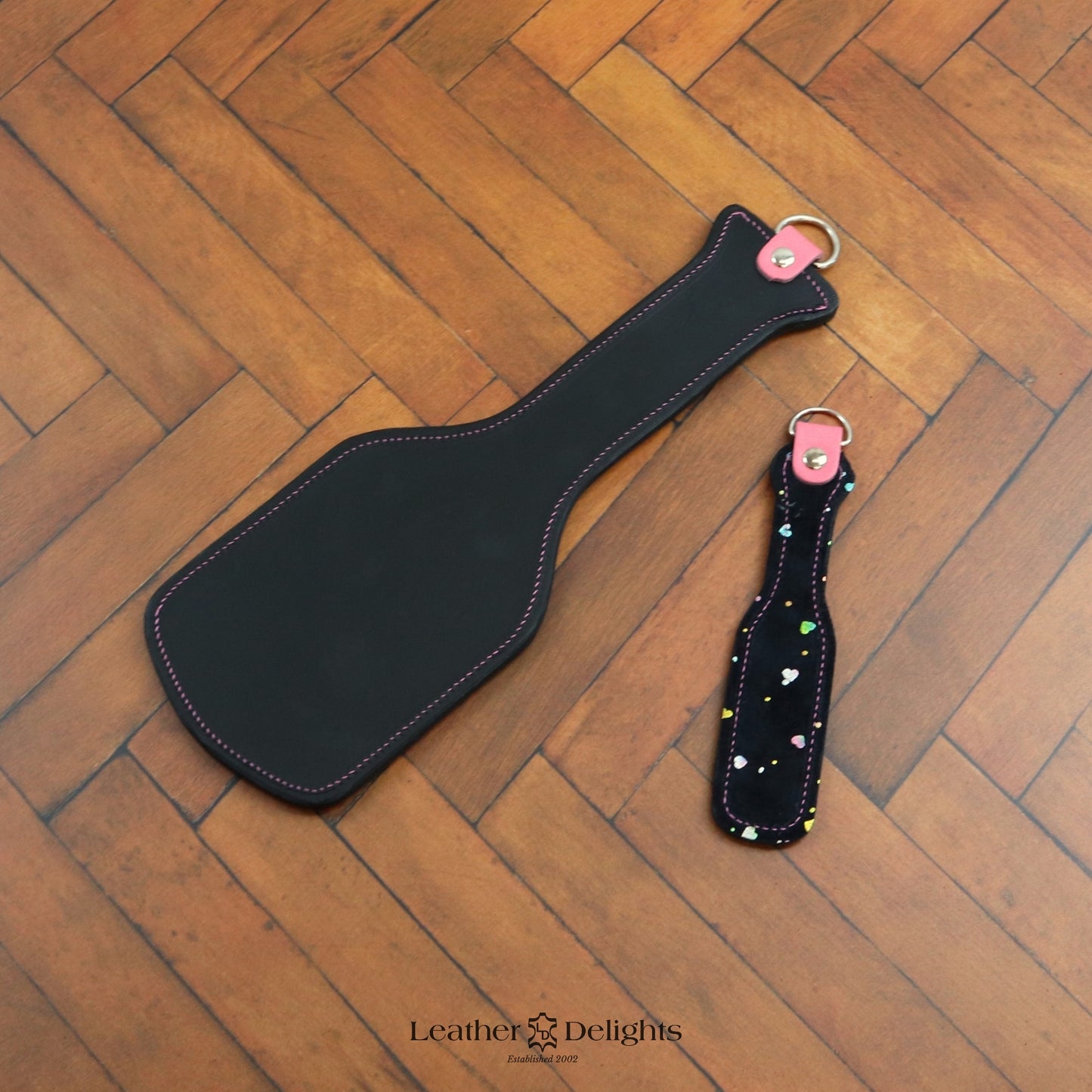 Intimidator Paddle - Black Leather with Sparkly Heart & Pink Accents