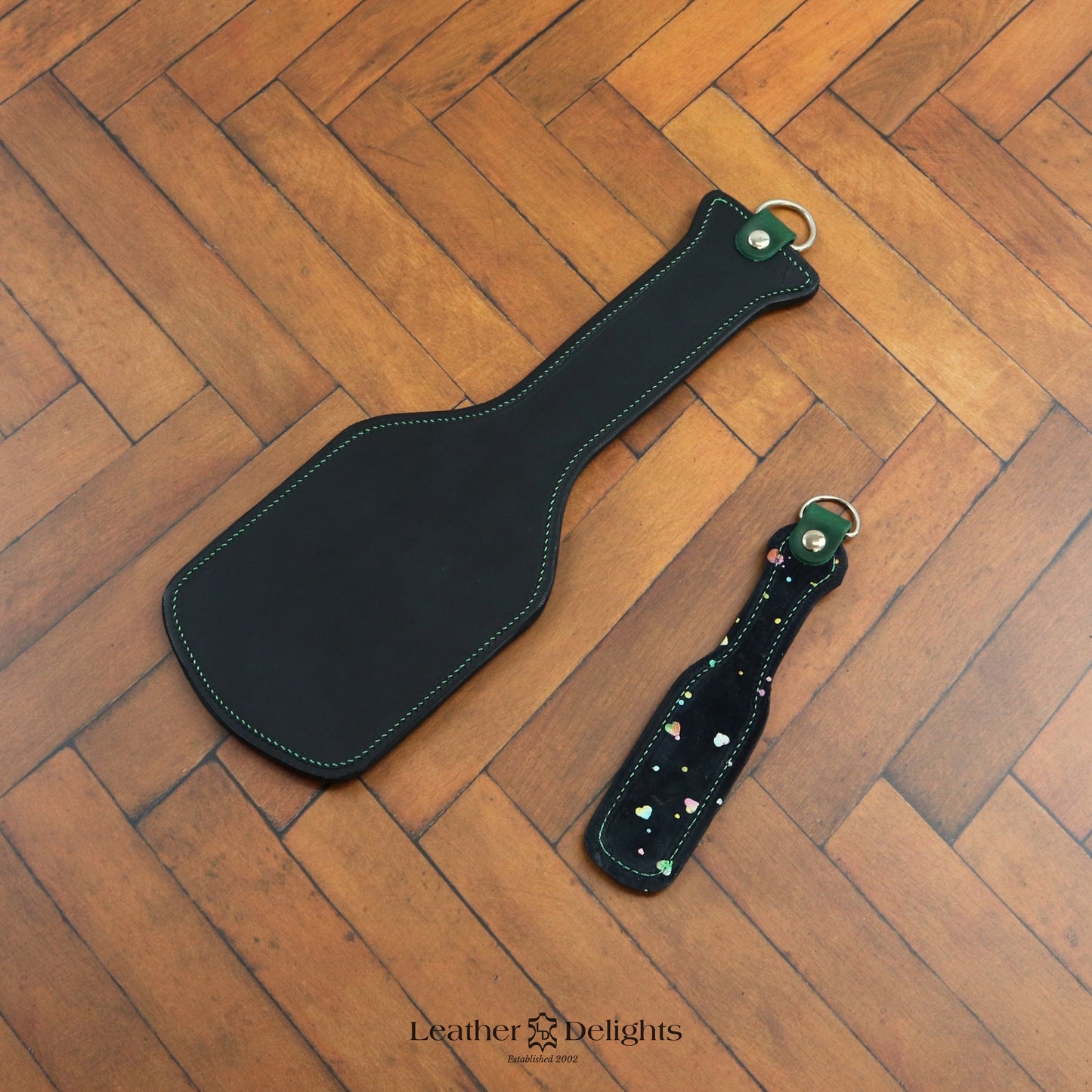 Intimidator Paddle - Black Leather with Sparkly Heart & Green Accents