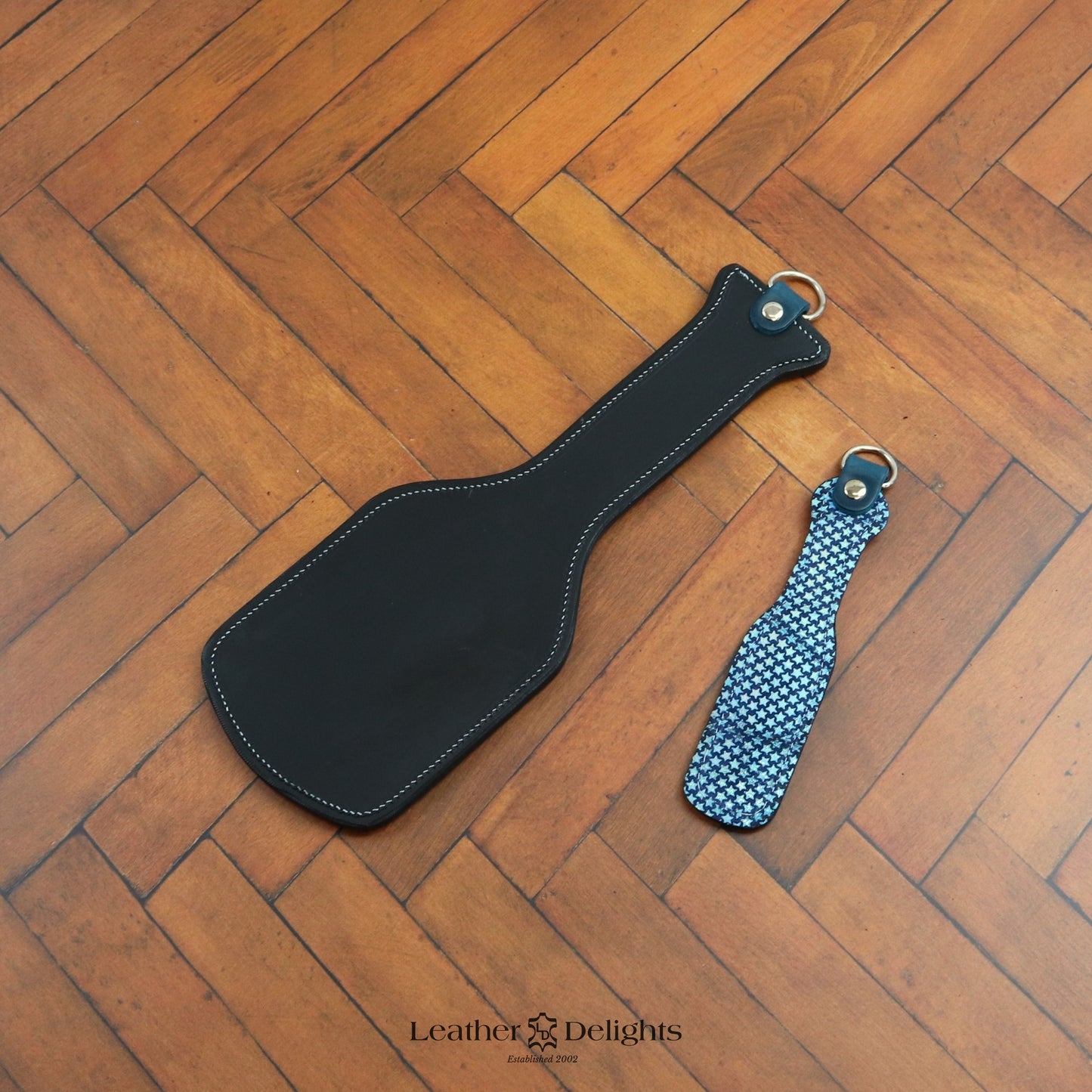 Intimidator Paddle - Black Leather with Sparkly Stars & Blue Accents