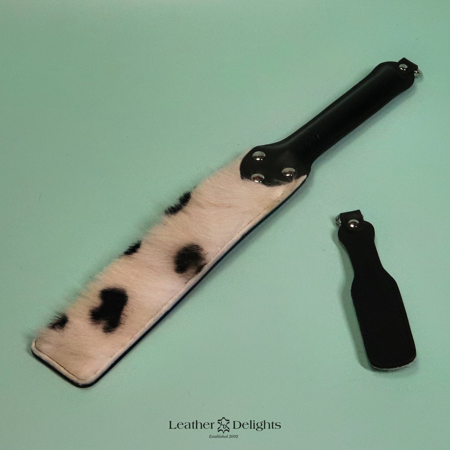 Punishment Paddle - Cream Sheepskin with Black Spots & Black Leather