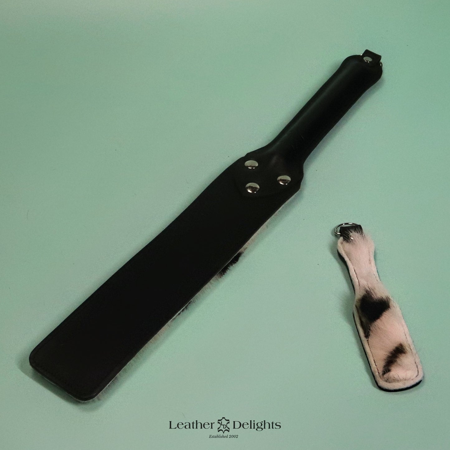 Punishment Paddle - Cream Sheepskin with Black Spots & Black Leather
