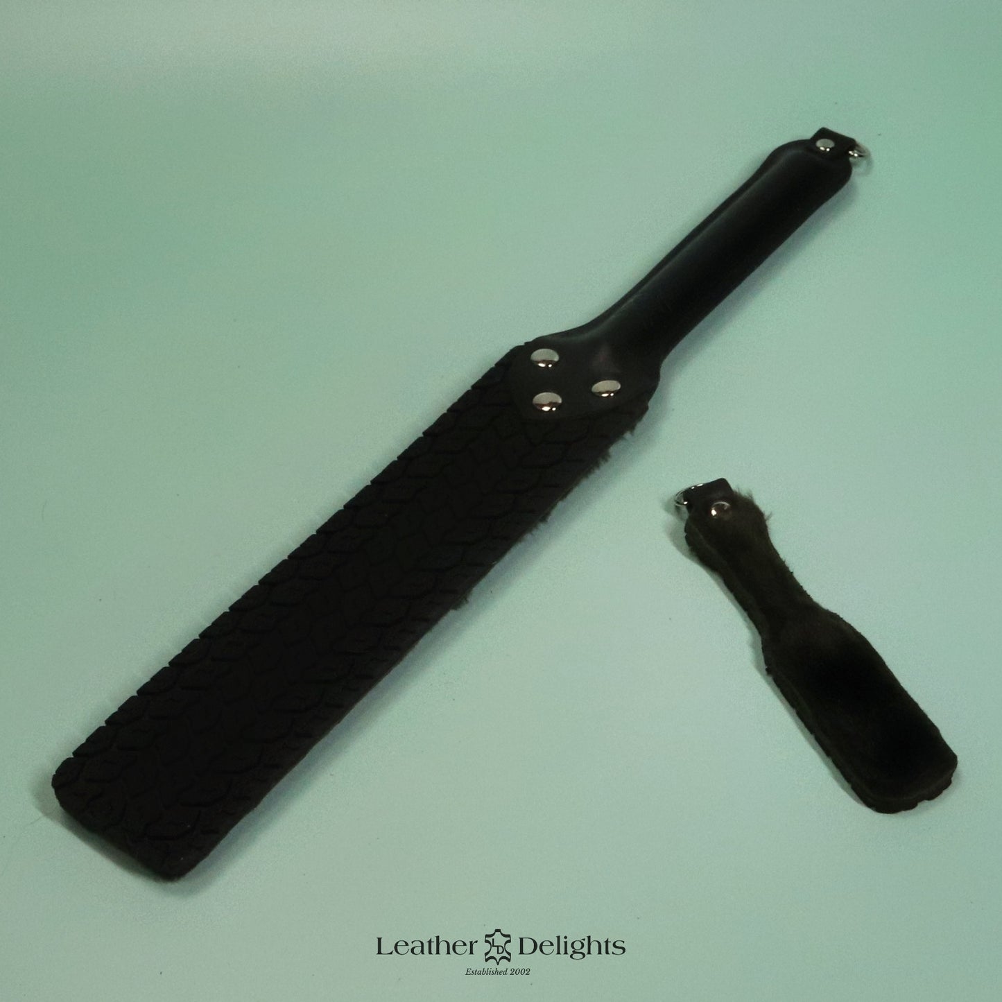 Punishment Paddle - Forrest Green Sheepskin & Black Tyre Tread Rubber