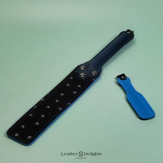 Punishment Paddle - Paw Print Suede & Blue Ripple Rubber with Blue Handle
