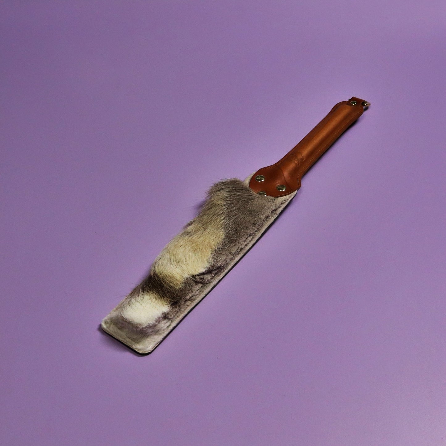 Punishment Paddle - Brown Leather & Hair on Hide Reindeer with Tan Handle & Brass Hardware