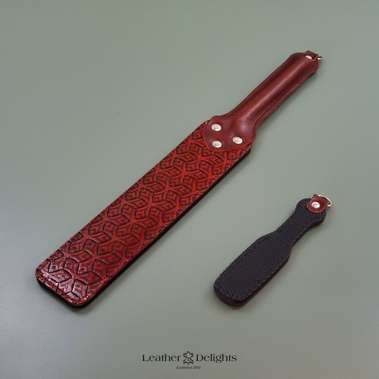 Punishment Paddle - Patterned Brown Leather & Dimpled Rubber