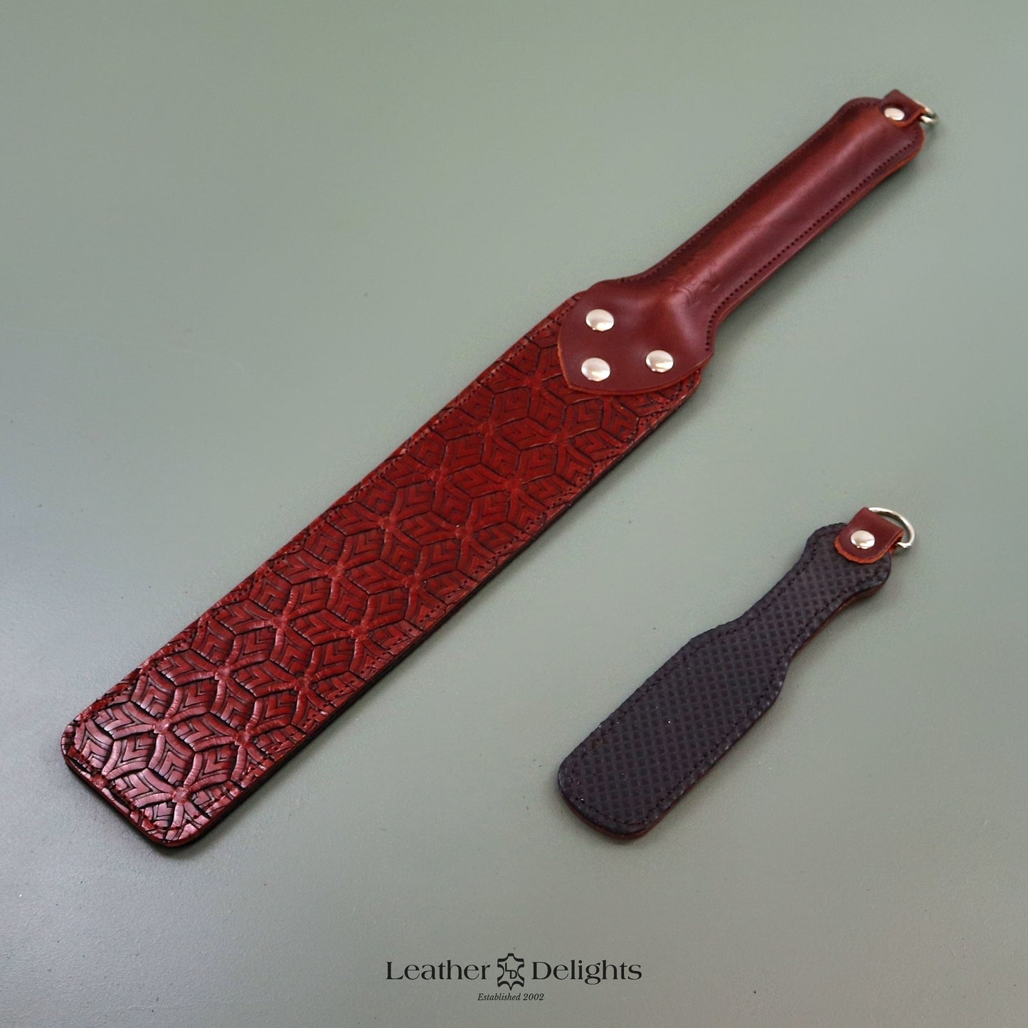 Punishment Paddle - Patterned Brown Leather & Dimpled Rubber