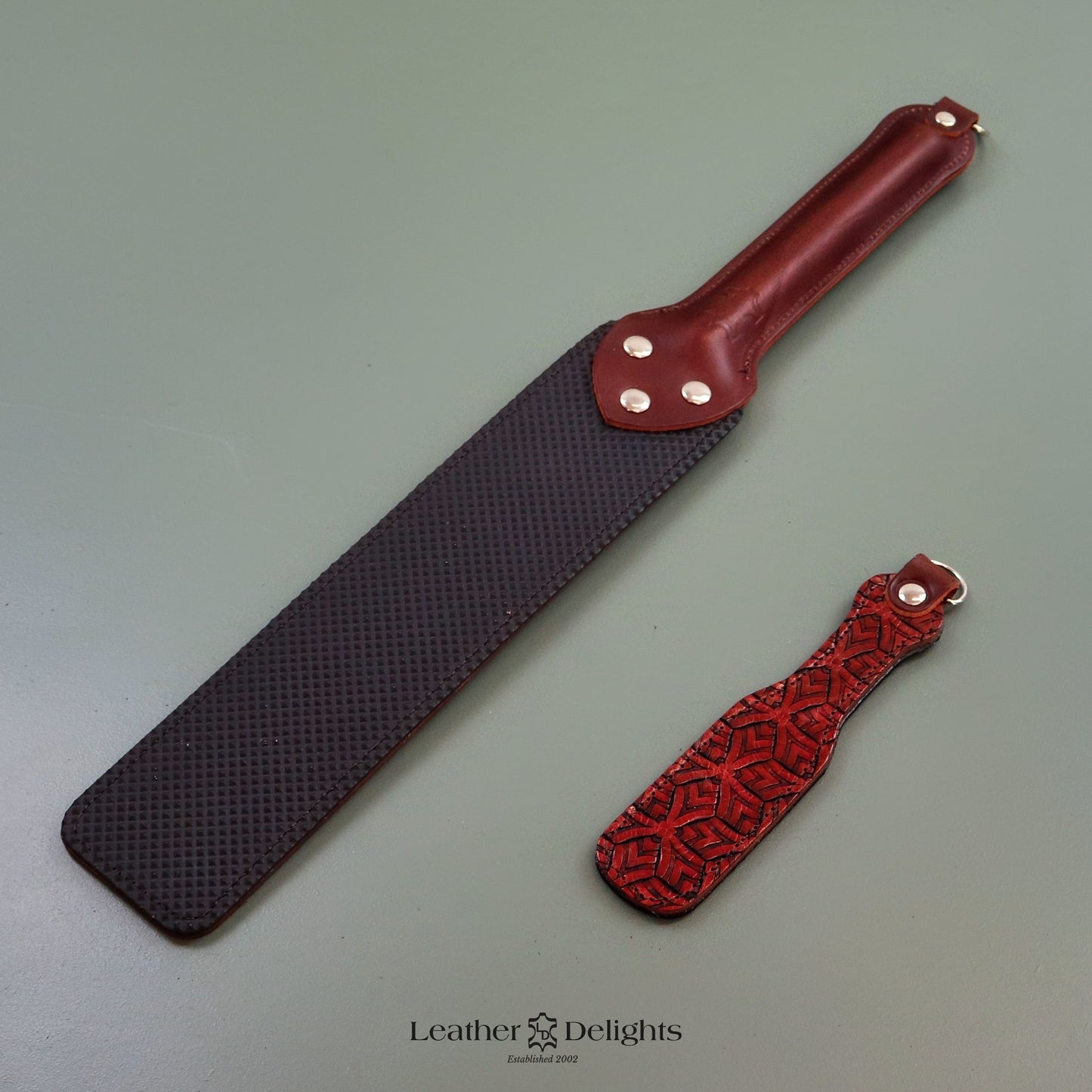 Punishment Paddle - Patterned Brown Leather & Dimpled Rubber