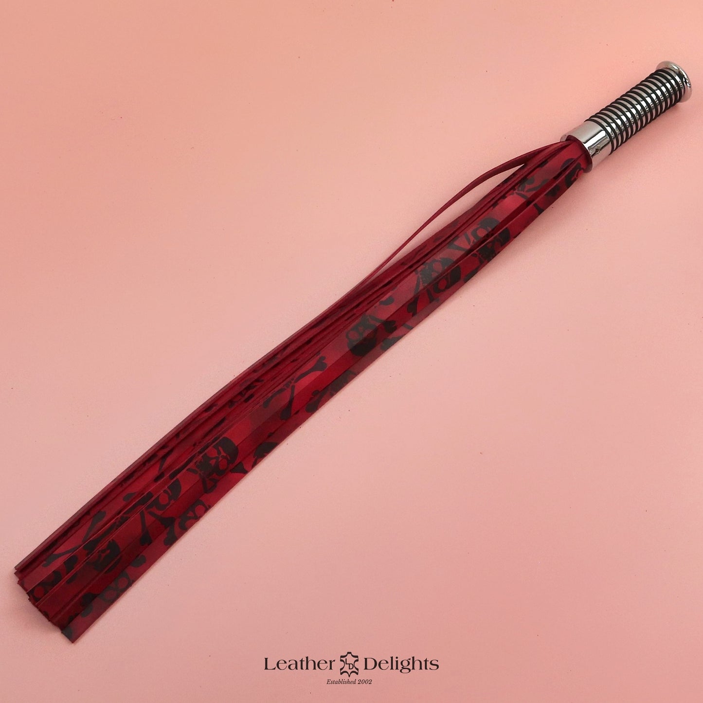 Red & Black Skull & Crossbones Leather Flogger with Silver Handle