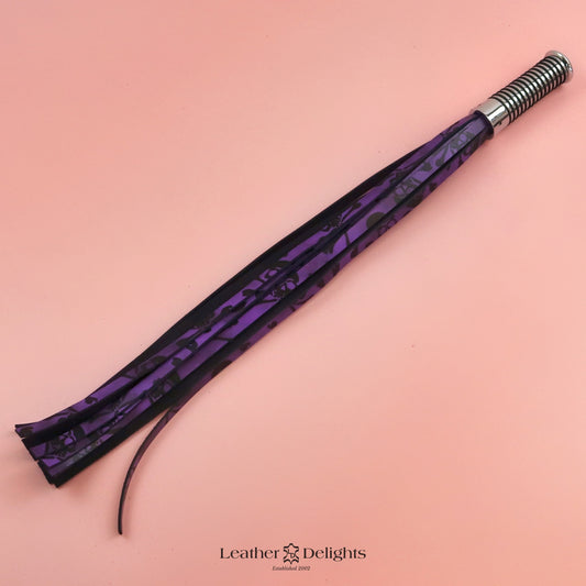 Purple & Black Skull & Crossbones Leather Flogger with Silver Handle