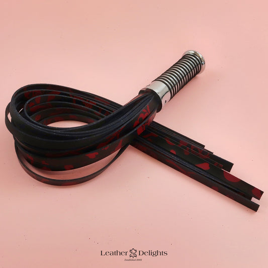 Black & Red Skull & Crossbones Leather Flogger with Silver Handle