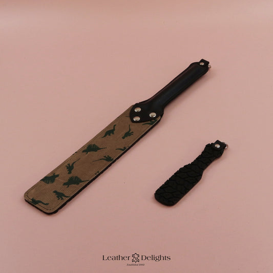 Punishment Paddle - Dinosaur Print Leather with Black Tyre Tread Rubber