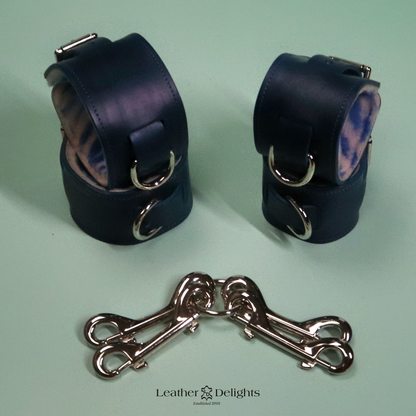 Heavy Bondage Cuffs - Blue Zebra Print Sheepskin & Blue Leather