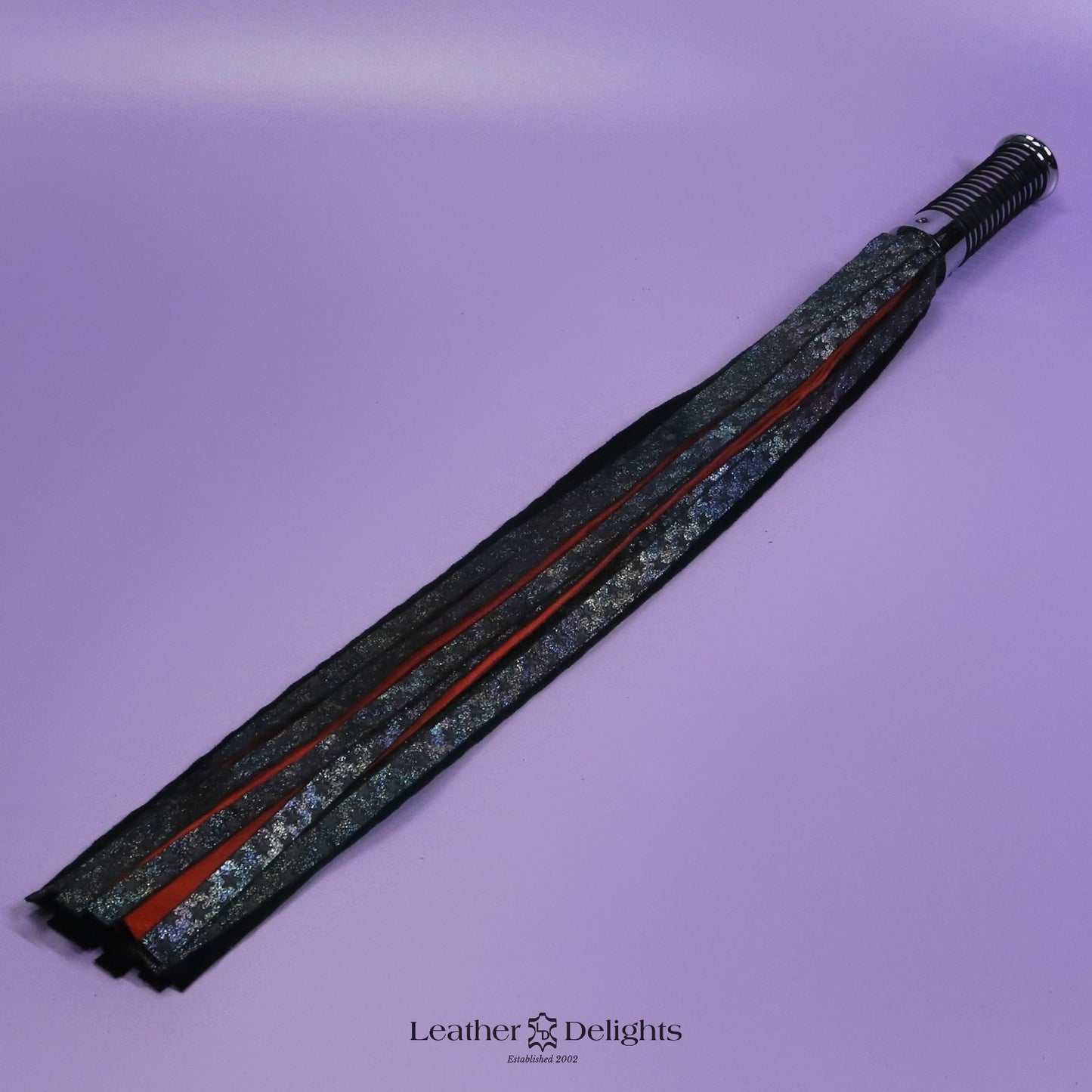 Torture Chamber Flogger - Rainbow Metallic Embossed Star & Red Suede