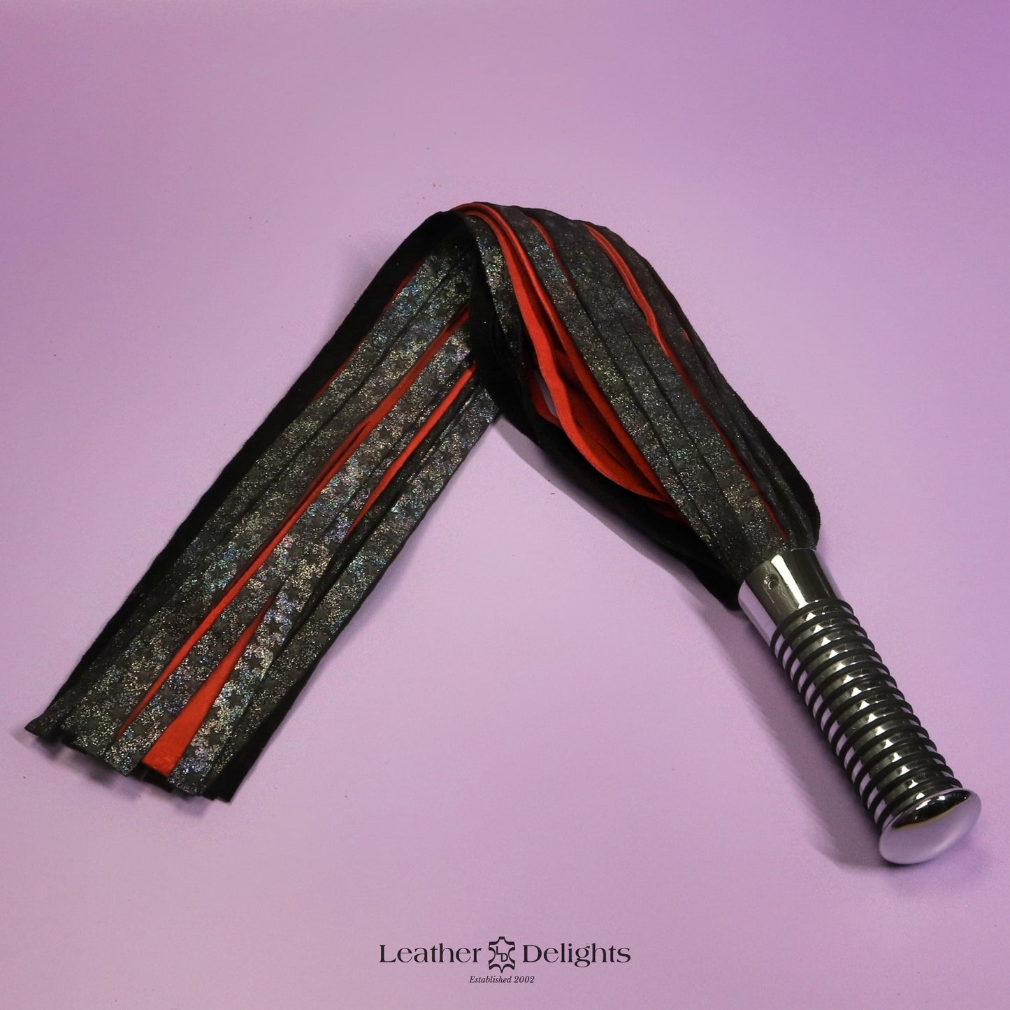 Torture Chamber Flogger - Rainbow Metallic Embossed Star & Red Suede