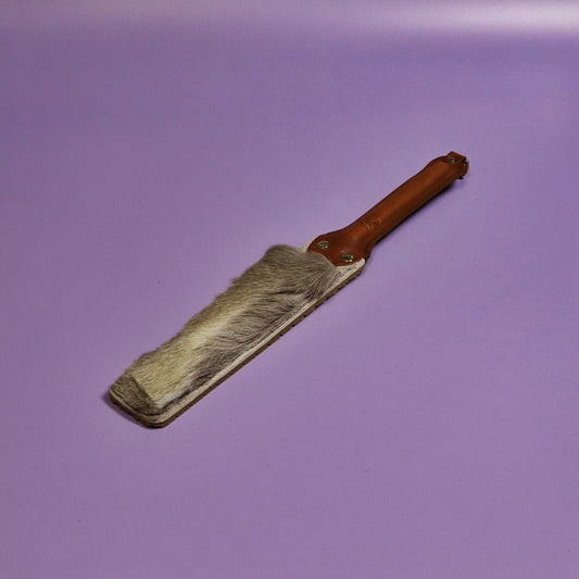 Punishment Paddle - Beige Tyre Tread Rubber & Hair on Hide Reindeer with Tan Handle & Brass Hardware