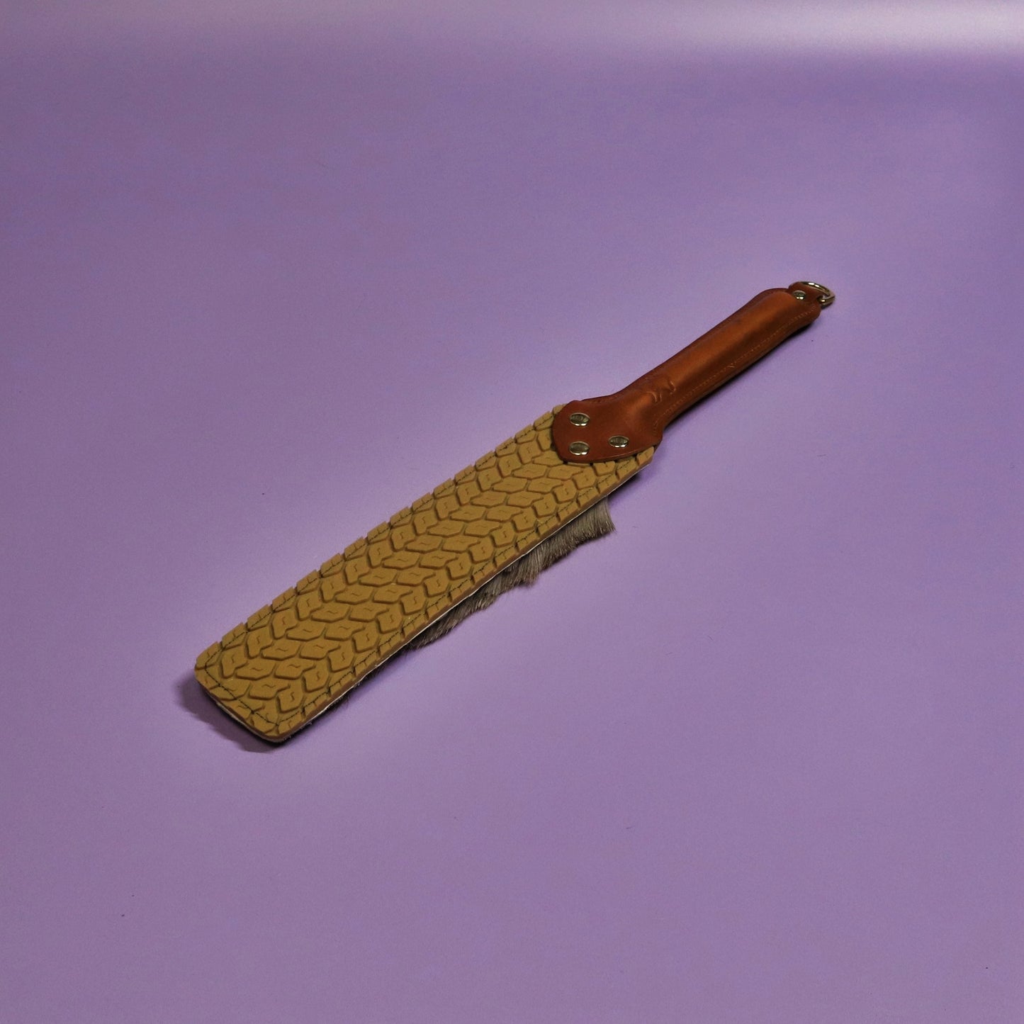 Punishment Paddle - Beige Tyre Tread Rubber & Hair on Hide Reindeer with Tan Handle & Brass Hardware