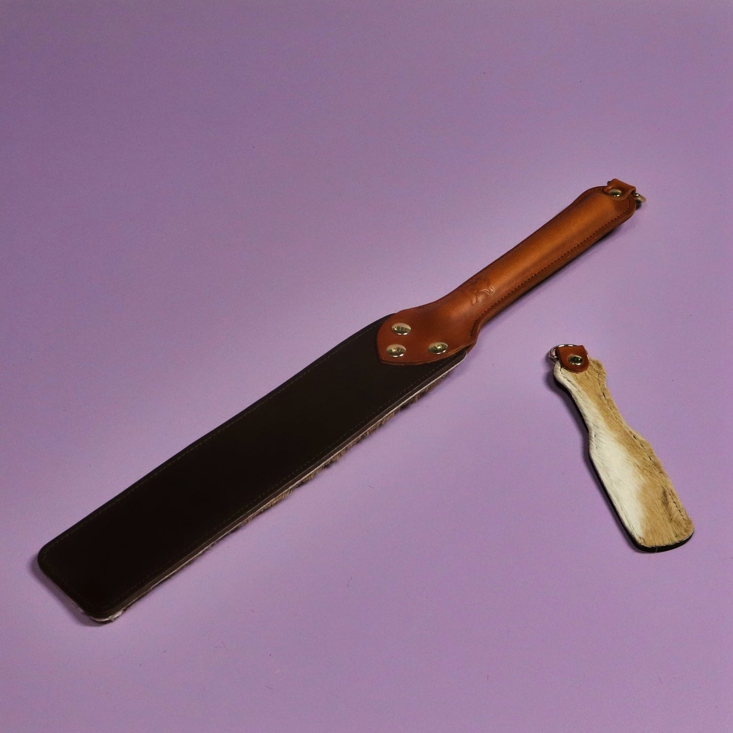 Punishment Paddle - Firm Brown Leather & Springbok with Tan Handle & Brass Hardware