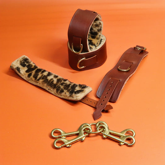 Heavy Bondage Cuffs - Leopard Print Sheepskin with Brown Leather & Brass Hardware